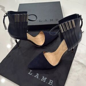 L.A.M.B. Navy and Silver Suede, Leather and Metal Heels